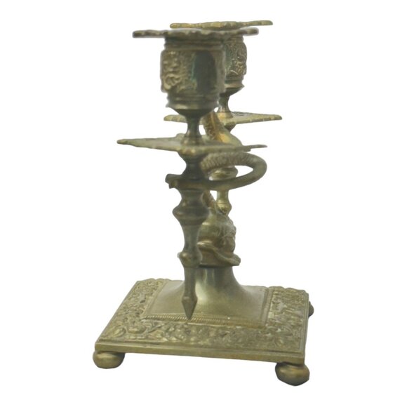 Pair of Antique Brass Asian Dragon/ Koi Fish Double Candle Holders 7" H x 8" W - Picture 7 of 12